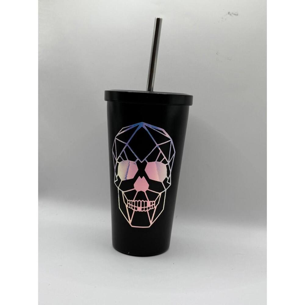 Halloween Skull Travel Mug, Stainless Steel inside, Reuseable Straw
